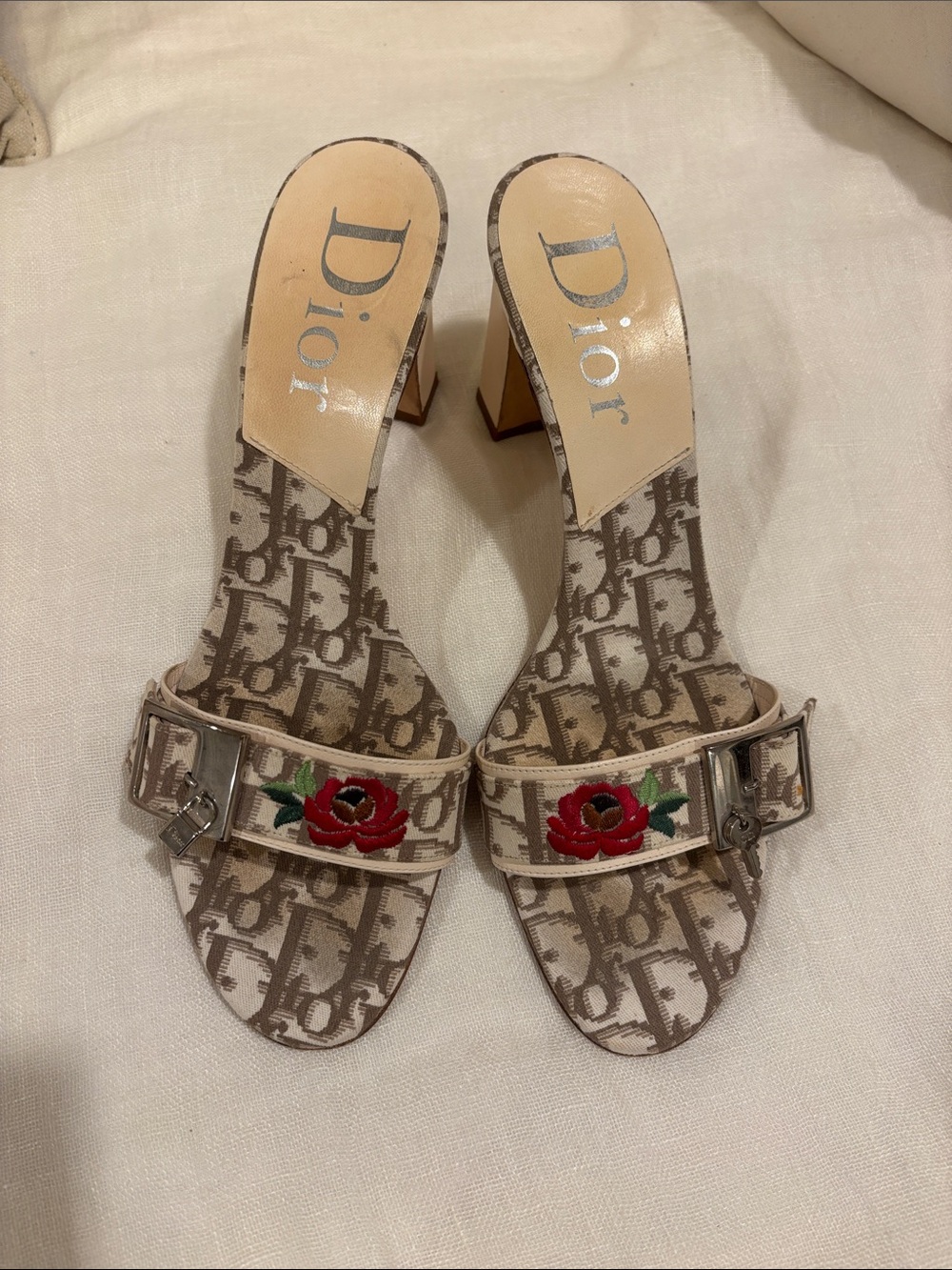 Dior Beige Logo Slide Heels with Red Rose Embroidery